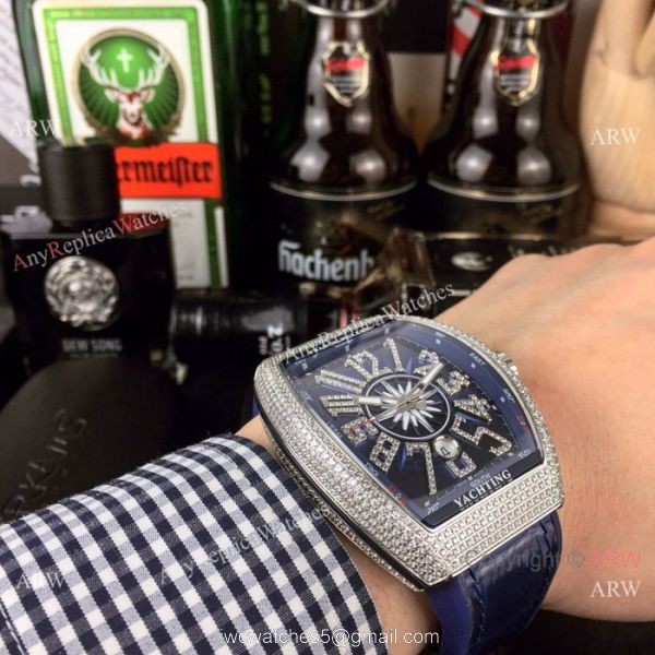 Swiss Copy Franck Muller Iced Out Rose Gold Blue Dial Watch Vanguard Yachting V45 Collection 4