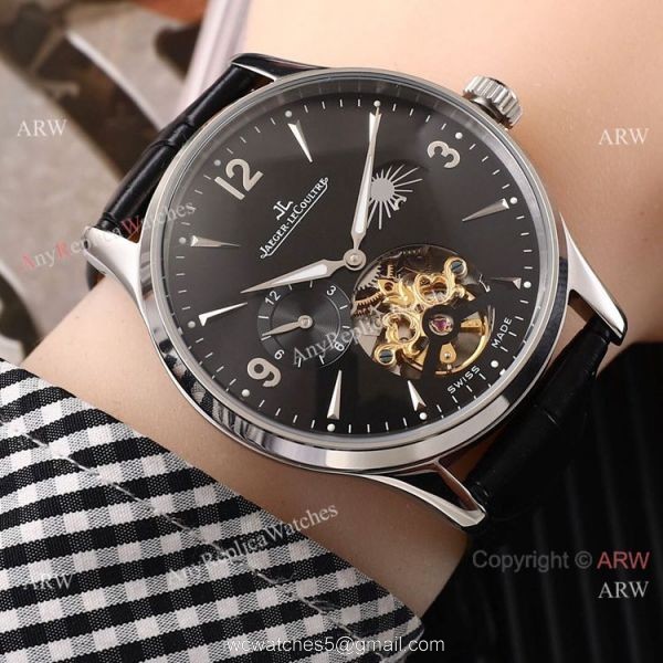 Fake Jaeger LeCoultre Tourbillon White Dial Black Leather Band Watch 42mm 4