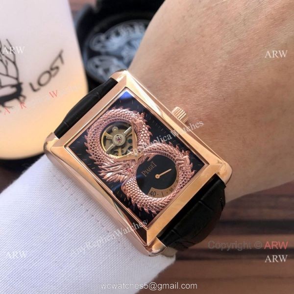 2019 Copy Piaget Black Tie Dragon watches Gold Case Brown Strap 4