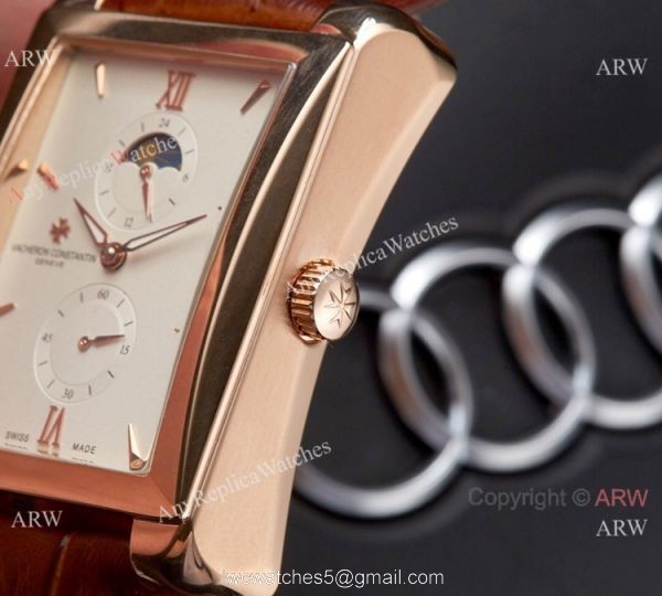 Clone Vacheron Constantin Moonphase Watch Rose Gold Brown Leather Strap 4