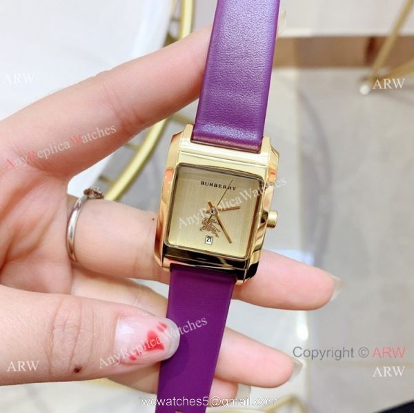 Copy Burberry 25mm women Watches Gold Case Black Leather Band 4