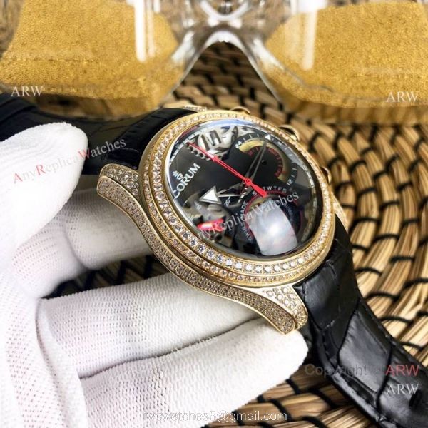 Replica Bubble Corum Watch Diamond Bezel Gold Case Silver Chronograph Dial 4