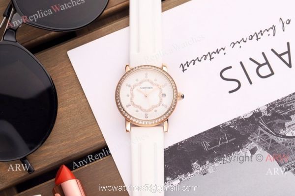Copy Cartier Red Leather Strap Rose Gold Diamond Quartz Watch 35mm 4