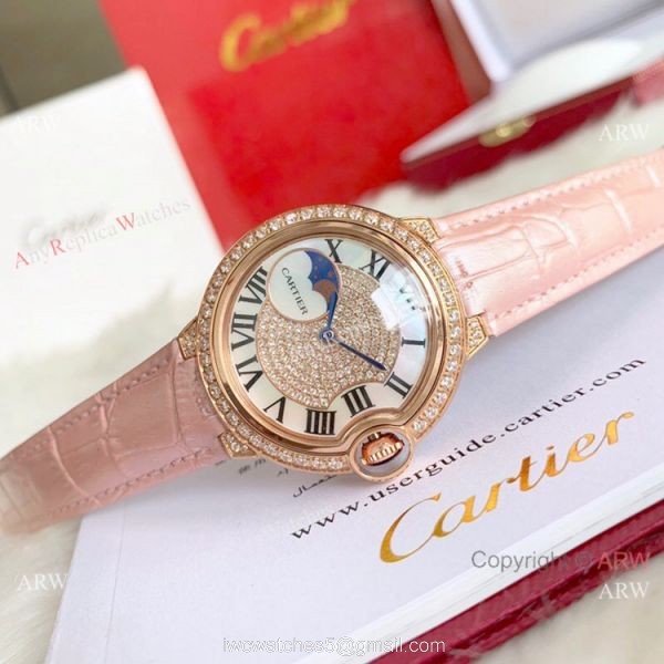 Ballon Bleu de Cartier 36mm Replica Watches Gold Diamond Green Leather Band 4