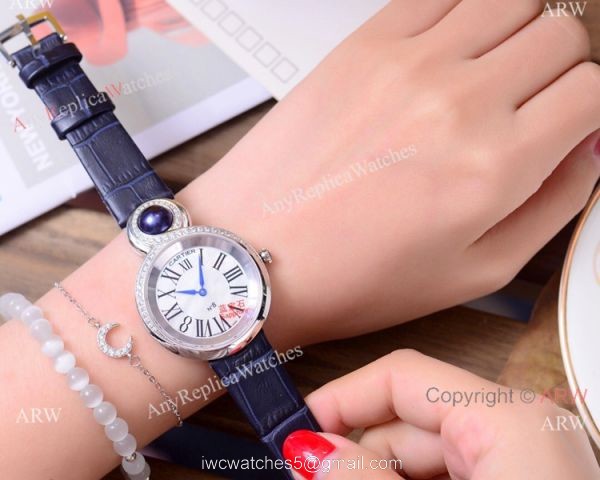 High Quality Copy Cartier Women watches Rose Gold Blue Leather Strap 4
