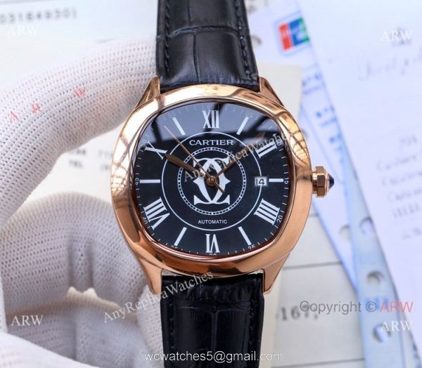 Copy Cartier Drive De automatic Watches Black Leather Strap 4