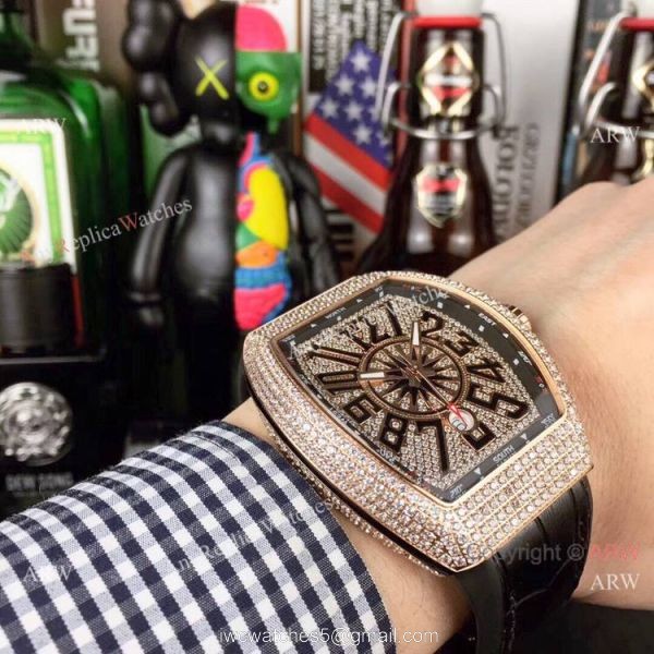 Swiss Quality Franck Muller Vanguard Yachting v45 Watch Rose Gold Diamond Blue Gummy strap 4
