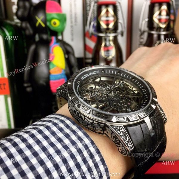 Copy Roger Dubuis Excalibur 46 Skeleton Men Watch SS Black Leather Strap 4