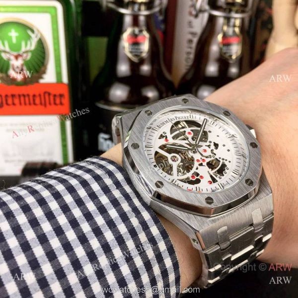 Audemars Piguet Royal Oak Stainless Steel Black Dial Fake AP Skeleton Watch 4