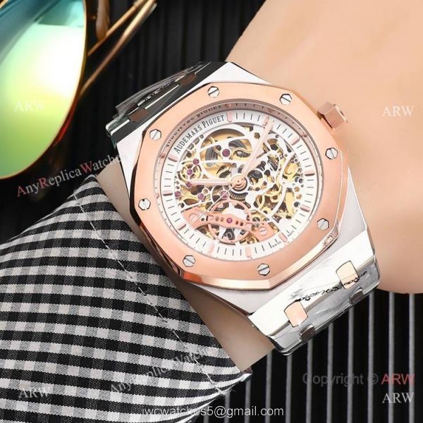 High Quality Fake AP Skeleton Royal Oak Rose Gold Black Dial Watch 4