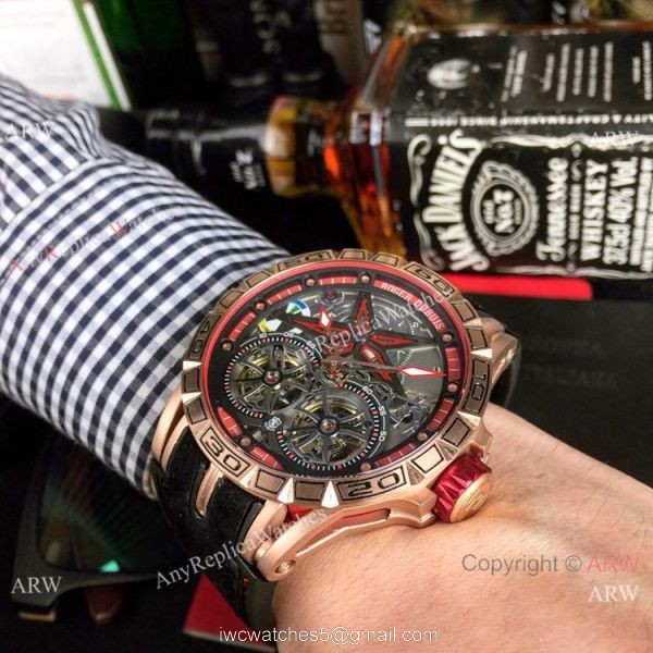 Best Replica Roger Dubuis Excalibur Double Tourbillon Watch Rose Gold Skeleton Face 4