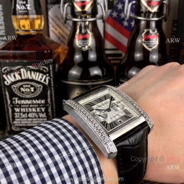New Copy Cartier Tank Francaise watch SS Diamond Black Leather Band 4