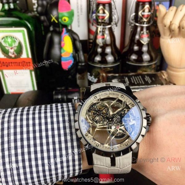 Copy Roger Dubuis Excalibur Flying Tourbillon Watches SS Gray Leather Strap 4