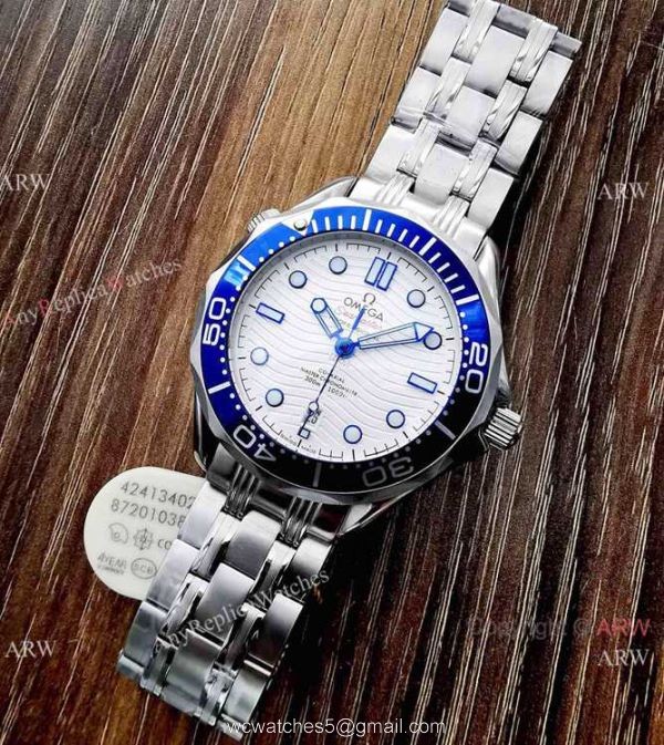 Copy Omega Seamaster Diver 300M James Bond Replica Watch Stainless Steel Blue Bezel 4