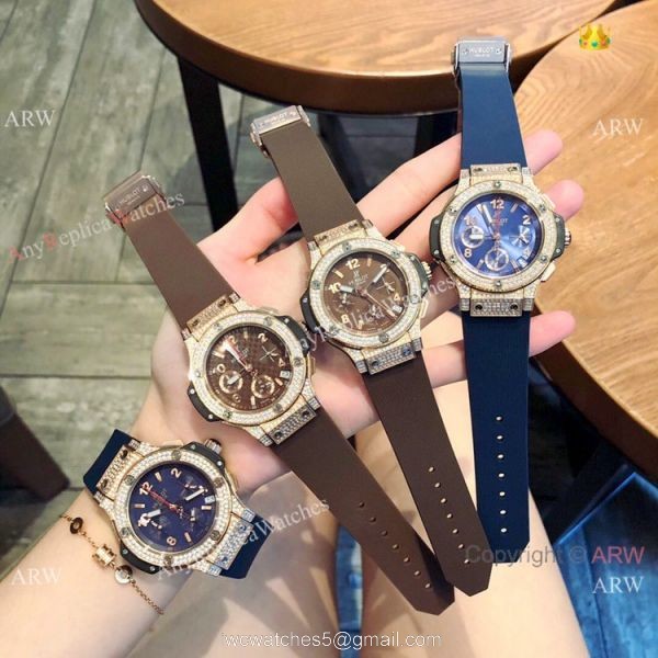 Copy Hublot Big Bang Rose Gold Diamond Blue Dial Watches 4