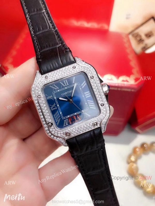 Cartier Santos 100 Diamond Replica Watch SS Diamond Case Blue Leather Strap 4