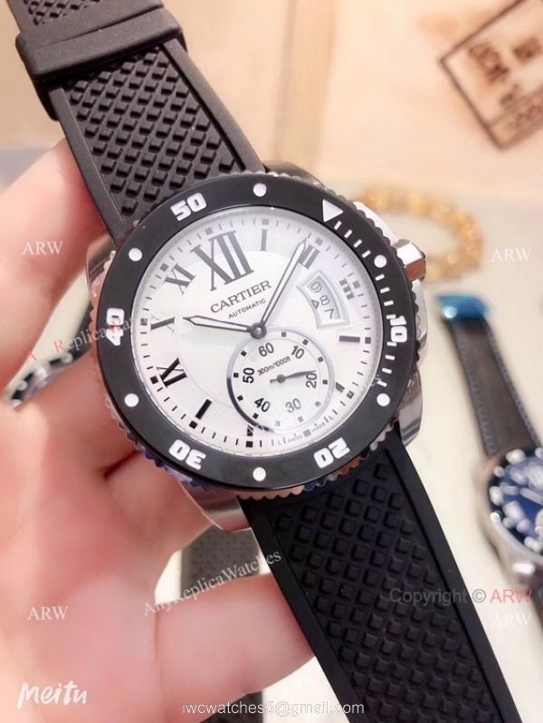 Copy Cartier Calibre De Diver SS Blue Rubber Strap Watch Low Price 4