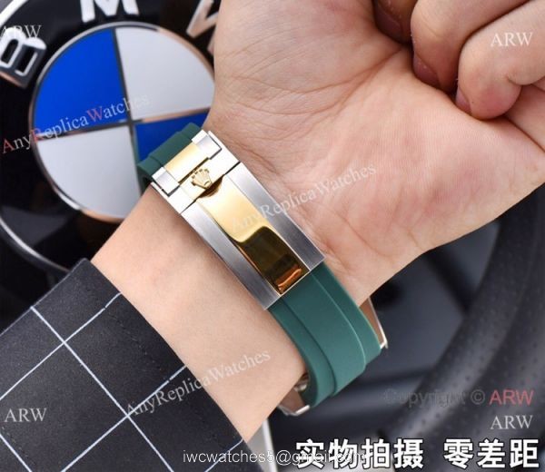 Copy Rolex Submariner Date 2 Tone Green Rubber Strap Watch 41mm 4