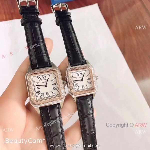 2019 New Cartier Santos Diamond Replica Watch Black Leather Strap Gold Bezel 4