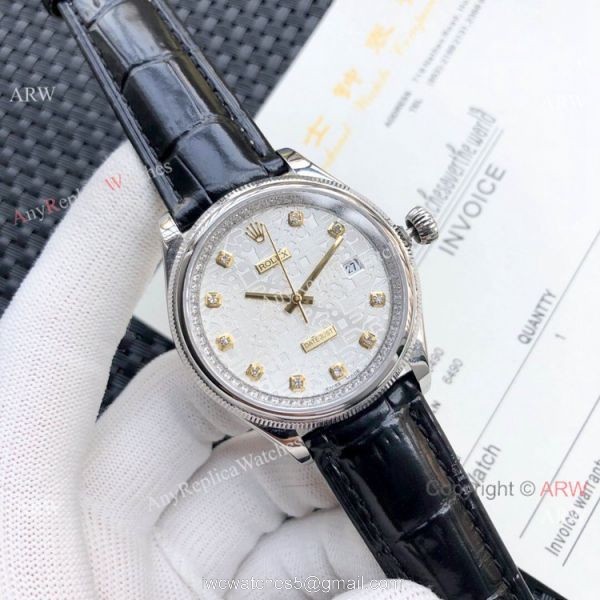 Rolex Datejust White MOP Black Leather Strap Watch Replica 4