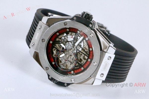New Fake Hublot Geneve Big Bang Skeleton Watch Red Inner Rubber Strap 4