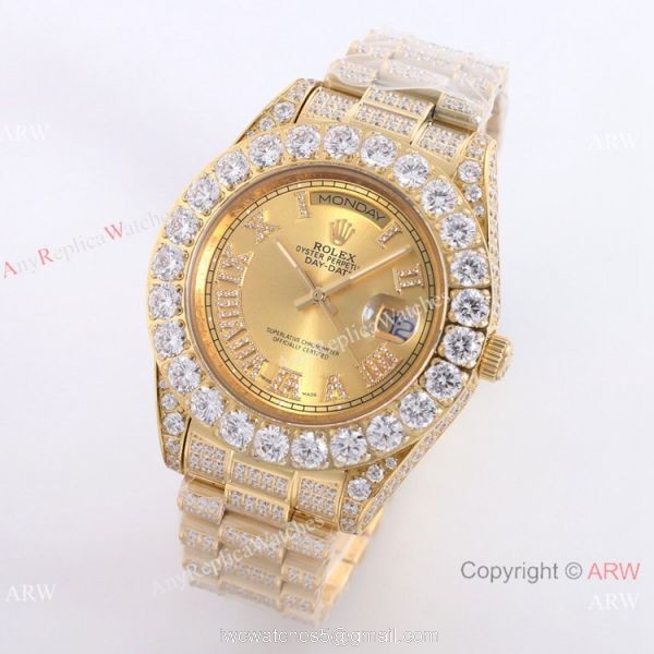 Iced out Gold Rolex Oyster Perpetual Day Date Fake Watches Worldwide Shipping 4