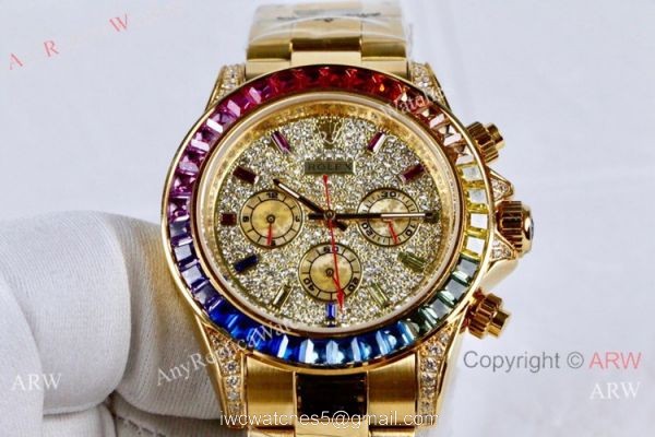 42mm Rolex Daytona Rainbow Replica Watch Gold Case Diamond Dial 4