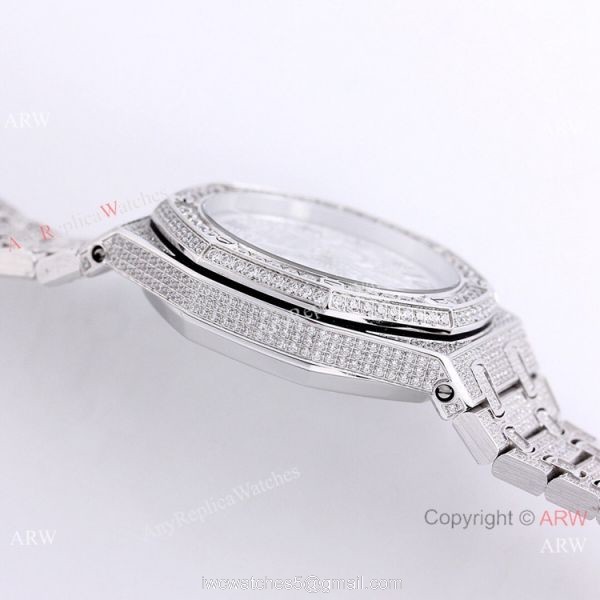 New Replica Audemars Piguet Royal Oak Full Iced Out Watch SS Arabic Scripts Dial 4