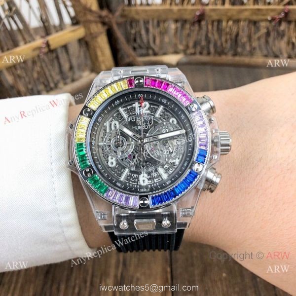 Hublot Big Bang Unico Replica Watches Rainbow Bezel Skeleton Dial Hublot Clear Watch 4
