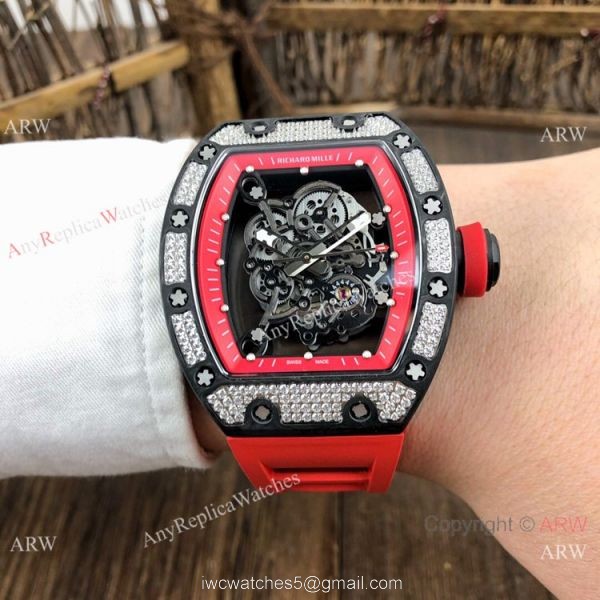 Swiss Grade 1 Richard Mille Rm055 Diamond Watch V2 version Red Rubber Strap 4