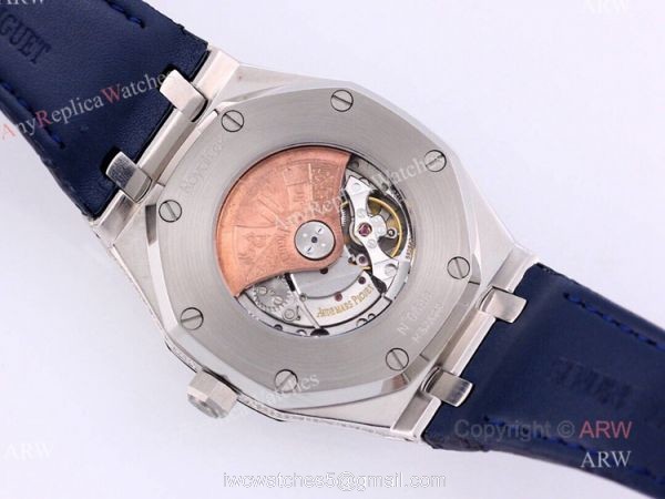 Swiss Replica Iced Out Audemars Piguet Royal Oak Blue Dial Watch Blue Leather Strap 4
