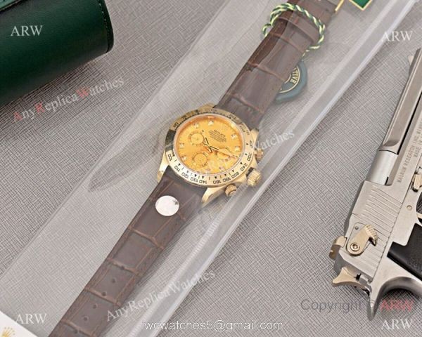 Best Replica Rolex Daytona watch Gold Dial with Diamond Leather Strap 4