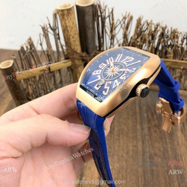 Replica Franck Muller Vanguard V45 Automatic Watch Rose Gold Blue Gummy Strap 4