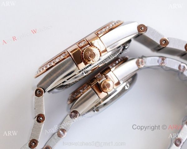 Swiss Quality Clone Omega Double Eagle Couple Watches Silver Dial Diamond Bezel 38mm and 27mm 4