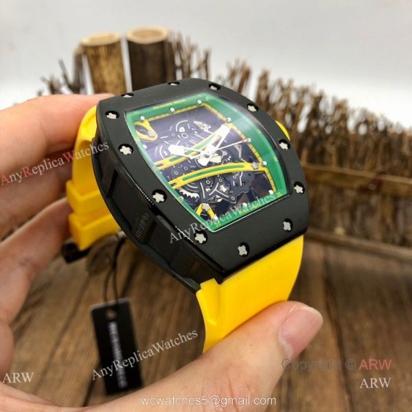 Knockoff Richard Mille Green Skeleton Watch Richard Mille RM 61-01 with Yellow Rubber Strap 4