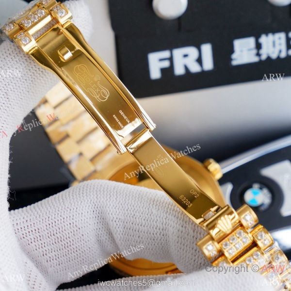 Replica Rolex Day Date II Watches Gold Iced Out Diamond Silver Dial 4