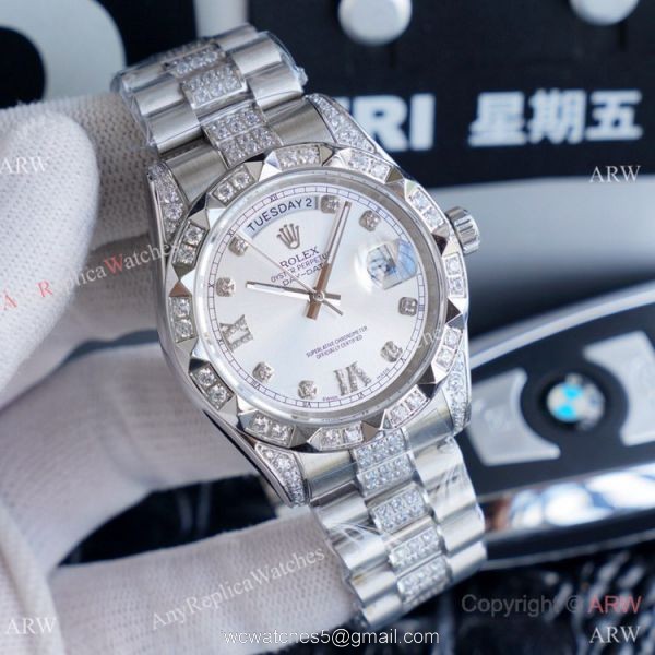 High Quality Replica Rolex Day Date II Iced Out Silver Dial Watches 41mm 4
