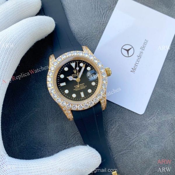 Top Replica Rolex Submariner Iced Out Diamond Watches 40mm Gold Case Blue Rubber Strap 4