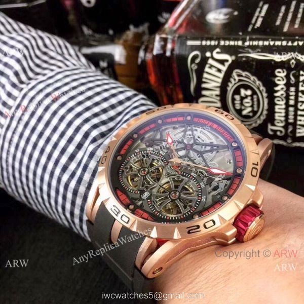 Replica Roger Dubuis Excalibur Double Flying Tourbillon Watches Black Skeleton Dial Rose Gold 4