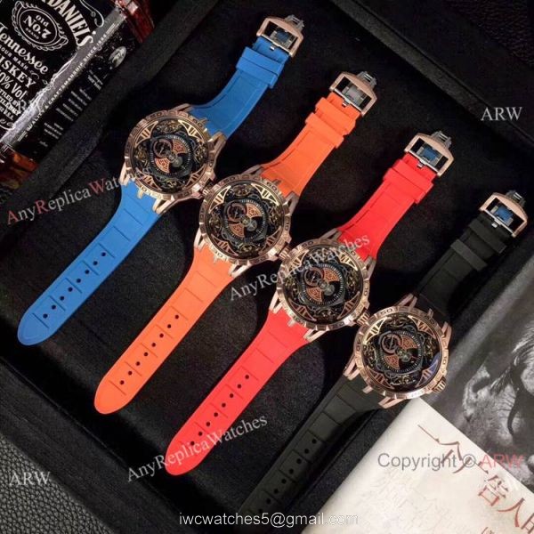 Copy Roger Dubuis Excalibur Quatuor Men Watches Red Rubber Strap Rose Gold Case 4