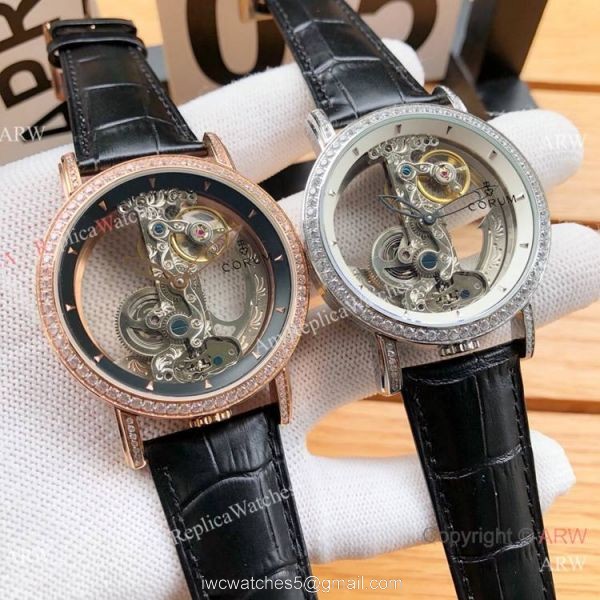 Copy Corum Bridge Transparent Dial Corum Watch Diamond Bezel Rose Gold 4