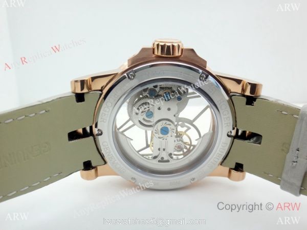 Copy Roger Dubuis Excalibur Flying Tourbillon Watch Rose Gold Gray Leather Strap 4