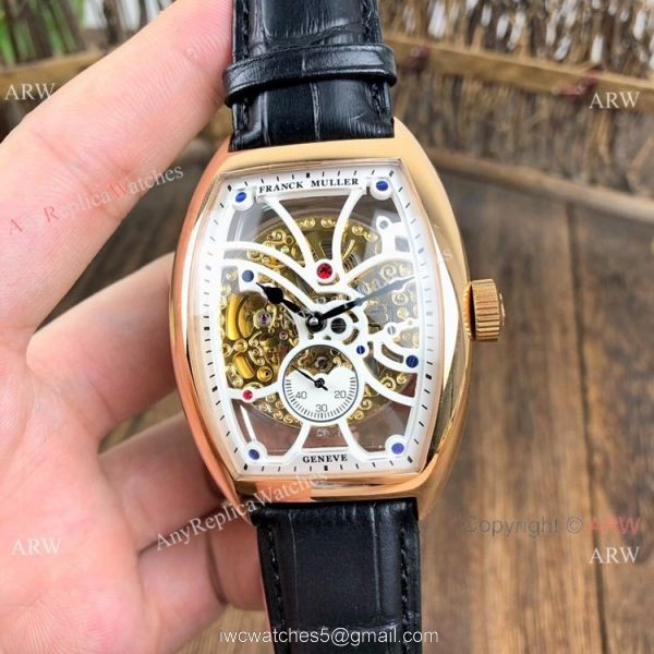 Knockoff Franck Muller Cintree Curvex Skeleton Watches SS Diamond Brown Leather Strap 4