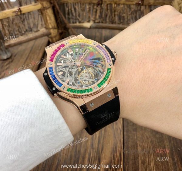 Super Clone Hublot Tourbillon Skeleton Big Bang Rose Gold Rainbow Watch 4