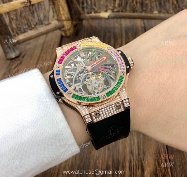 1:1 Quality Replica Hublot Tourbillon Skeleton Rose Gold Rainbow Watch 4