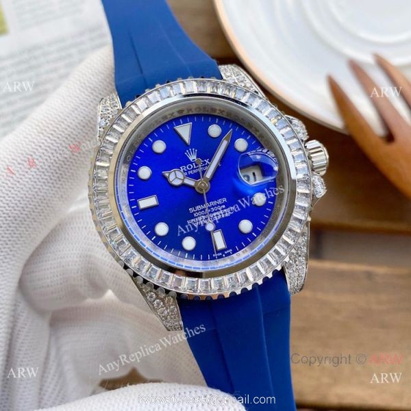 AAA Replica Rolex Submariner Diamond Watches SS Black Rubber Strap 4