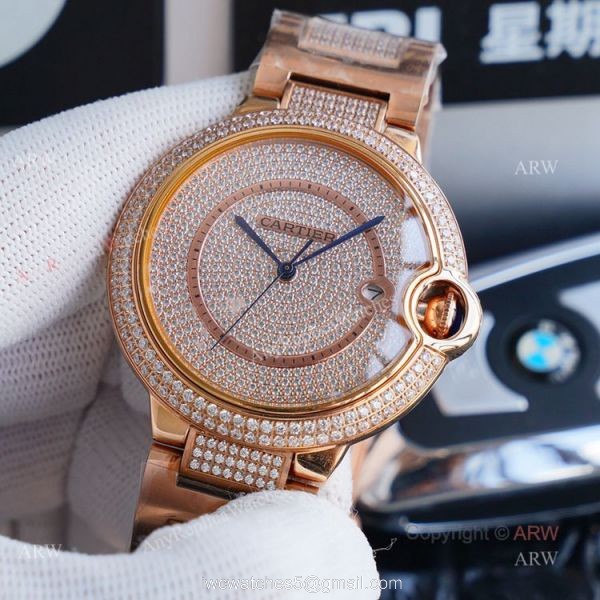 1:1 Copy Rose Gold Cartier Ballon Bleu Replica Full Diamond Watch 42mm 4