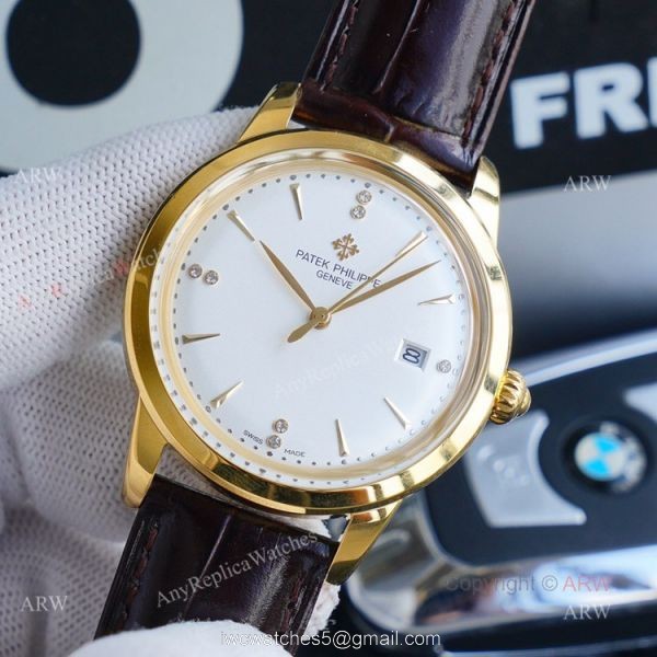 New Patek Philippe Calatrava Replica Watch Gold Dial With Brown Leather Band 4