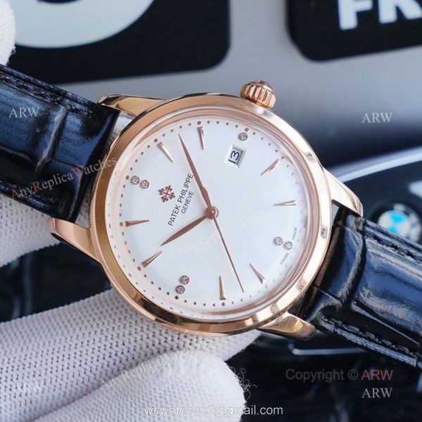 New Patek Philippe Geneve Copy Watches White Dial Black Leather Strap 4