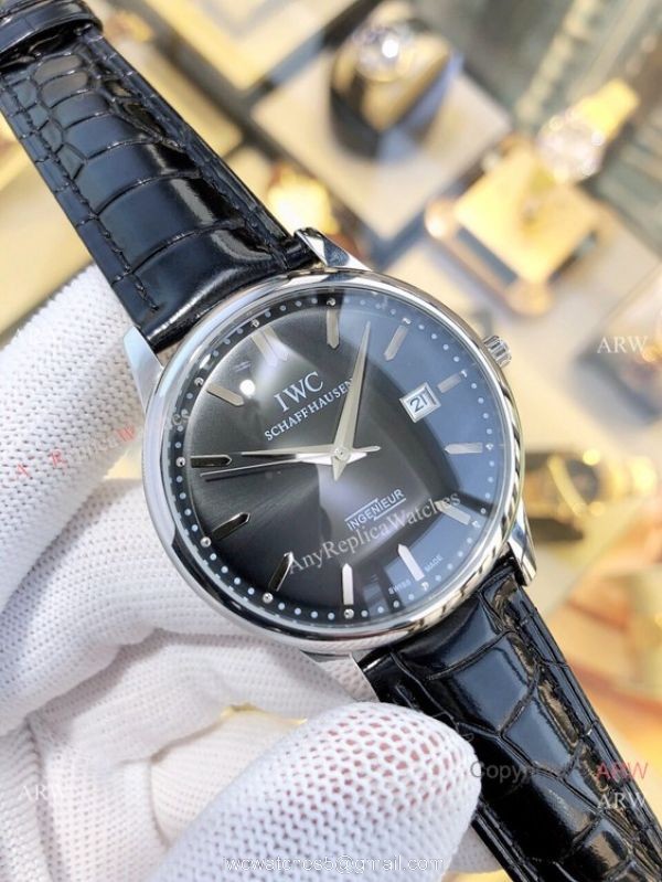 IWC Ingenieur Replica Watches Gold Case Black Leather Strap 4